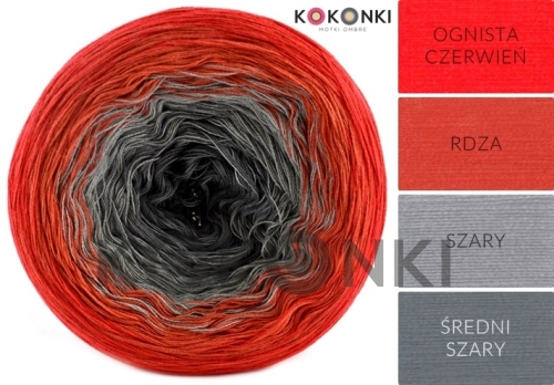 Klubíčko KOKONKI Classic A676 Ohnivě červená / rez / šedá / středně šedá 3 nitka 1300m