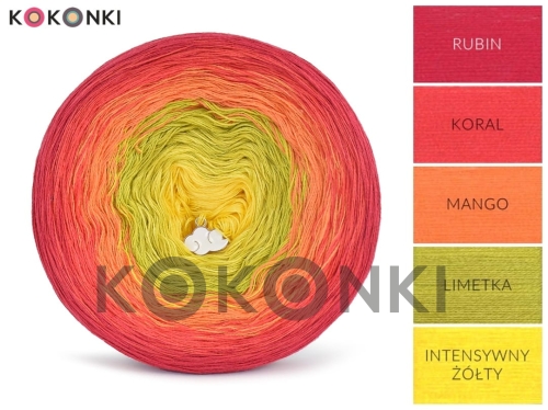 Klubíčko KOKONKI Classic B104 Kamil - Rubín / korál / mango / limetka / intenzivně žlutá 3 nitky 1200m