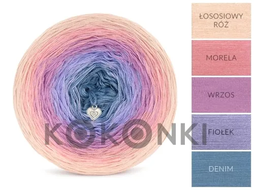 Klubíčko KOKONKI Classic B113 Wind man - Lososová / meruňka / vřes / fialka / denim 3 nitky 1200m