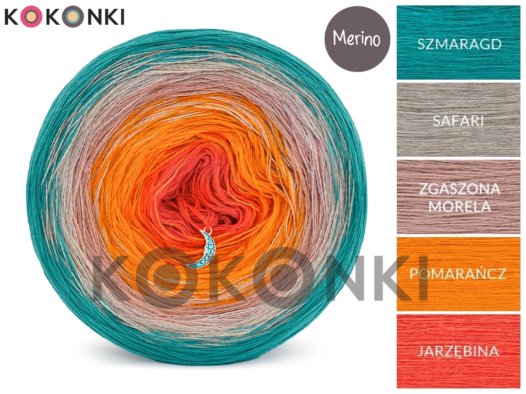 Klubíčko KOKONKI Merino 774 Blízko pobřeží - smaragd/safari/prašná meruňka/pomeranč/pomeranč/jeřabina 3 nitky 1200m