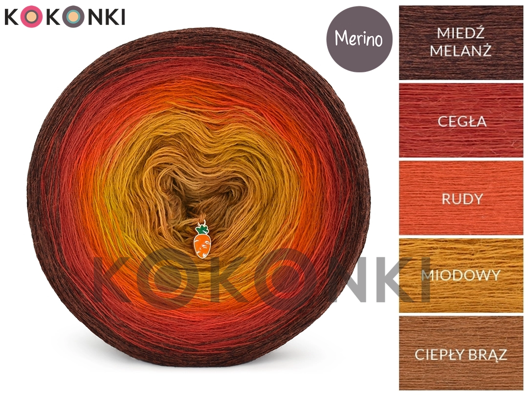 Klubíčko KOKONKI Merino KNOB 773 Pohled zpět - měděná melanž/cihla/červená/med/teplá hnědá 3 nitky 1200m