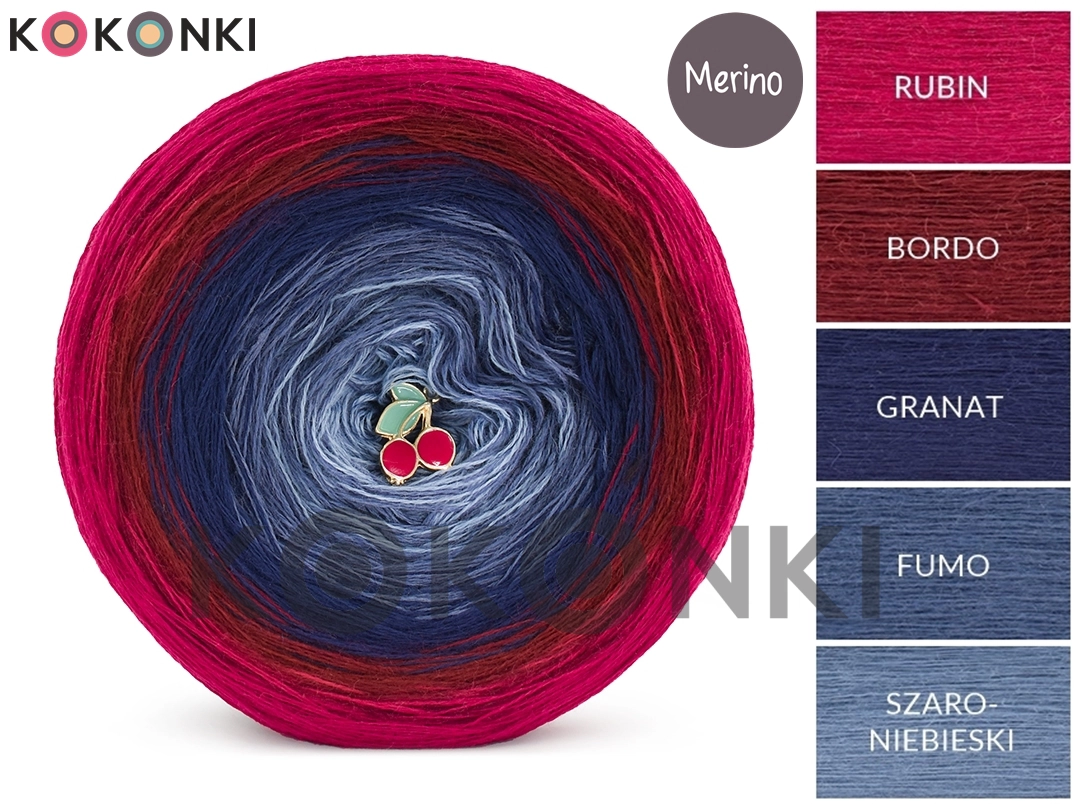 Klubíčko KOKONKI  Merino KNOP 772 Shared moments - Rubínová/vínová/námořnická modrá/fumo/šedomodrá 3  nitky 1200m