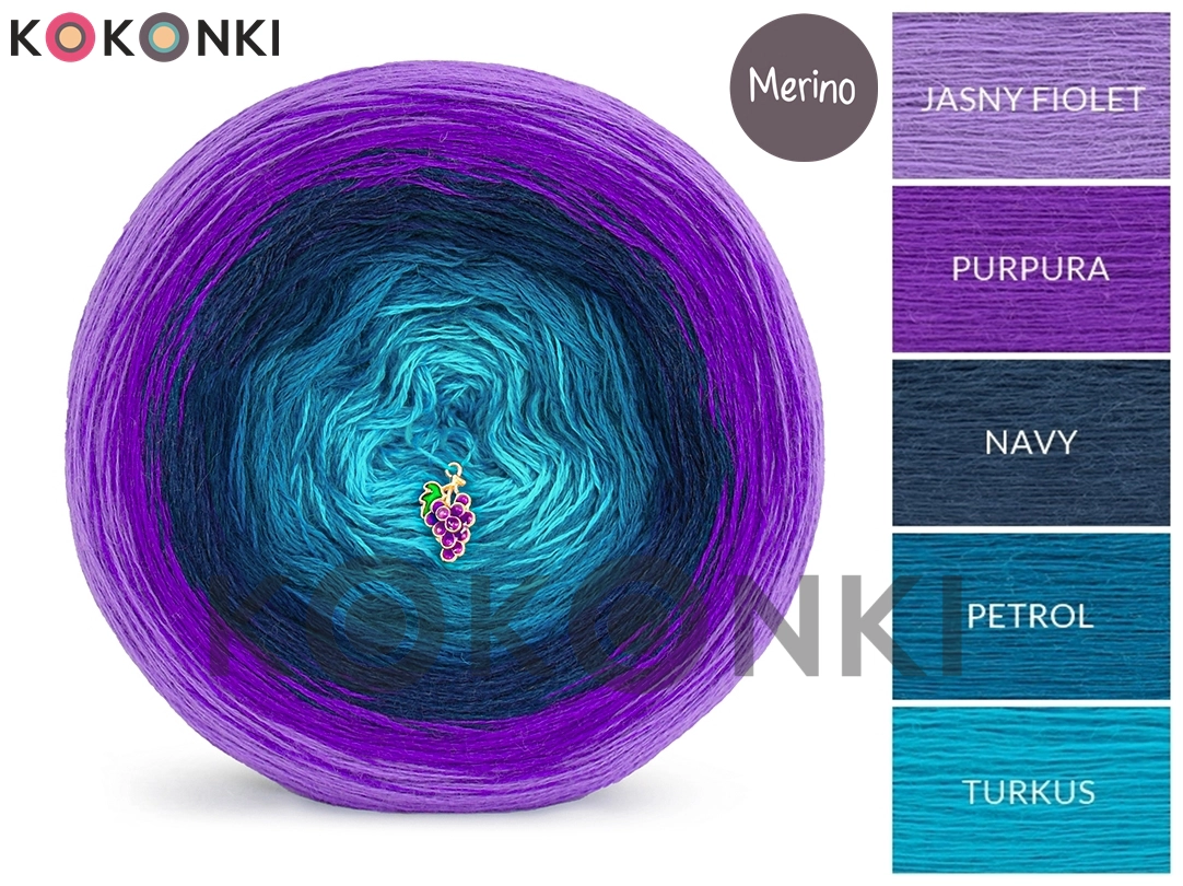 Klubíčko KOKONKI Merino 770 Sneaky eyes – světle fialová/fialová/námořnická/benzínová/tyrkysová 3 nitky 1200m