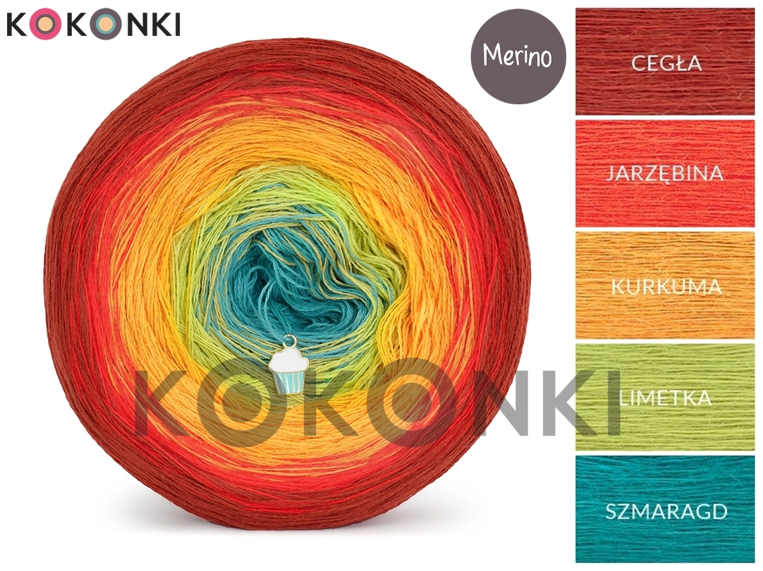 Klubíčko KOKONKI Merino CORNER 767 Slyšte můj řev - Cihla/jeřabina/kurkuma/limetka/smaragd 3 nitky 1200m