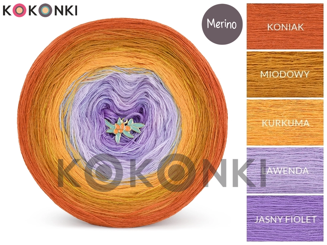Klubíčko KOKONKI Merino 766 Golden hour - Cognac/med/kurkuma/levandule/světle fialová 3 nitky 1200m