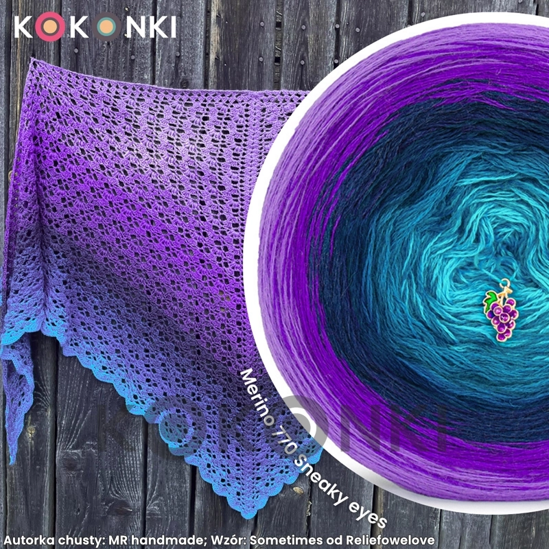 Klubíčko KOKONKI Merino 770 Sneaky eyes – světle fialová/fialová/námořnická/benzínová/tyrkysová 3 nitky 1200m