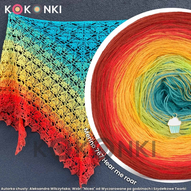 Klubíčko KOKONKI Merino CORNER 767 Slyšte můj řev - Cihla/jeřabina/kurkuma/limetka/smaragd 3 nitky 1200m