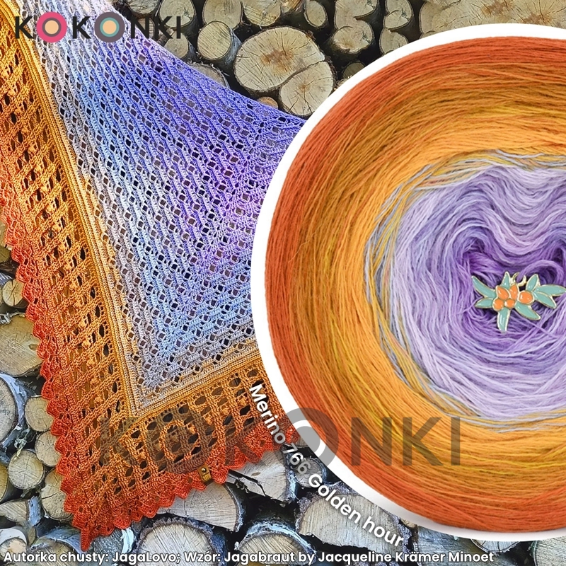 Klubíčko KOKONKI Merino 766 Golden hour - Cognac/med/kurkuma/levandule/světle fialová 3 nitky 1200m