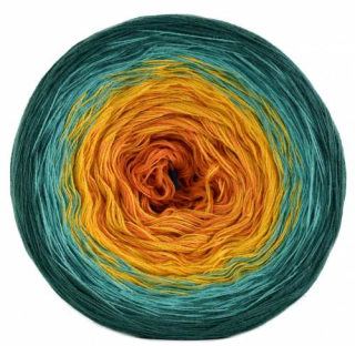 Klubíčko KOKONKI A156 Západ slunce nad lagunou - Tmavě smaragdová / smaragd / kurkuma / koňak / 3 nitky 2000m