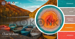 Klubíčko KOKONKI Merino 774 Blízko pobřeží - smaragd/safari/prašná meruňka/pomeranč/pomeranč/jeřabina 3 nitky 1200m