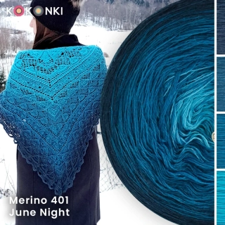 Klubíčko KOKONKI Merino 401 June Night - tmavě modrá/benzínová II/benzínová/tyrkysová 3 nitky 2000m